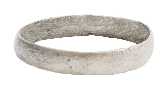 VIKING WEDDING RING, 850-1050 AD, SIZE 6 1/2: Wearable size 6 ½+. Silvered bronze, rounded face 3.1mm band width. Surface textured from burial. Professionally refurbished with the silver surface restored. Jewelry gift boxed with certificate