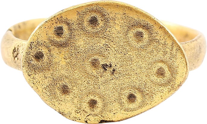 ANGLO SAXON RING, 7TH-10TH CENTURY AD 10 ½: Iconic form as found in England in the pre-Viking and Early Viking period. Size 8 1/4 with 2.5mm rounded face band. Broad flat canted bezel with a cluster of concentric circles or " dot in circles"