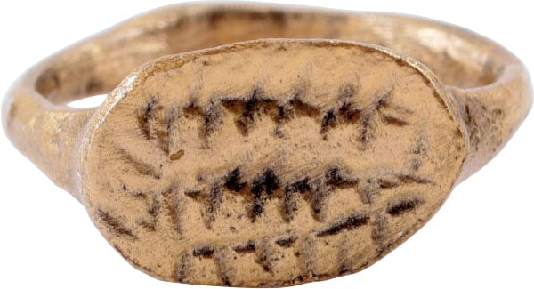 ROMAN SIGNET RING C.2ND-4TH CENTURY AD: Gilt bronze, size 1 for wear on the small finger between the first two joints as was the custom. 2.0mm rounded face band with the Roman base nub. Oval bezel crisply cut with three herring bone