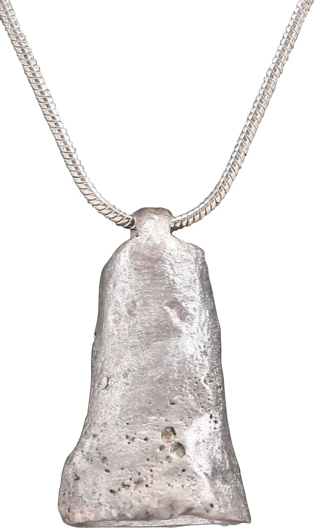 CELTIC VOTIVE BELL NECKLACE 7th-5th CENTURY BC: Bronze, just under 1" height (0.95" �), delicately cast with integral suspension loop. Generally acknowledged as exchange objects (money) these frequently, are encountered with pieces chipped o