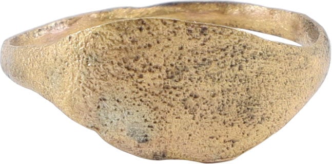 ROMAN PAGAN RING, 2ND-5TH CENTURY AD, SIZE 10: Gilt bronze, size 10 with 1.8mm rounded face band expanding to the oval bezel, possibly inscribed originally, now obscured by wear and surface degradation from burial. Professionally refurbished with