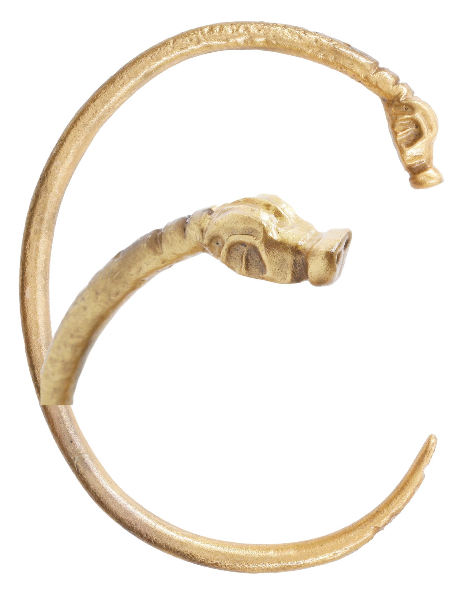 VIKING MYSTICAL BRACELET, 8TH-10TH CENTURY AD: Gilt bronze, C form with well sculpted serpent head and tapered tail. Over 2 3/4” (2.83”) inner dimension for an average arm. Surface texture from burial. Professionally refurbished with t