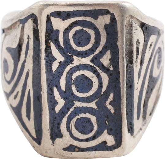COSSACK WARRIOR'S RING, 19th century, SIZE 7 1/2: 19th century. Size 7 1/2, "Silver niello" as used throughout the traditional Cossack brass for belts, buckles, cartridge tubes, etc. White metal/base silver, with rectangular bezel over flared shoulde