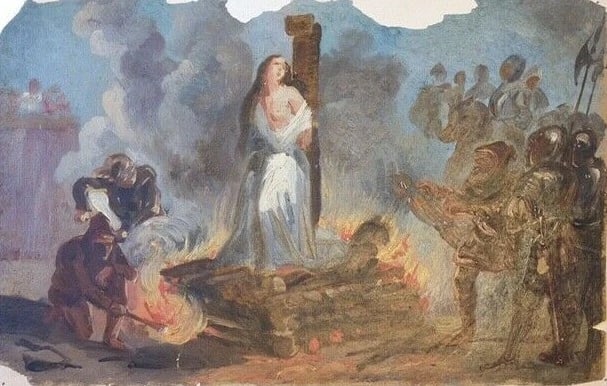 Joan of Arc at the Stack with the British Painting Antique Original 19th Oil - 2