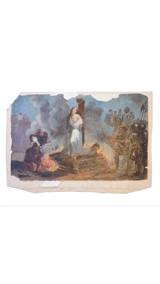 Joan of Arc at the Stack with the British Painting Antique Original 19th Oil - 8