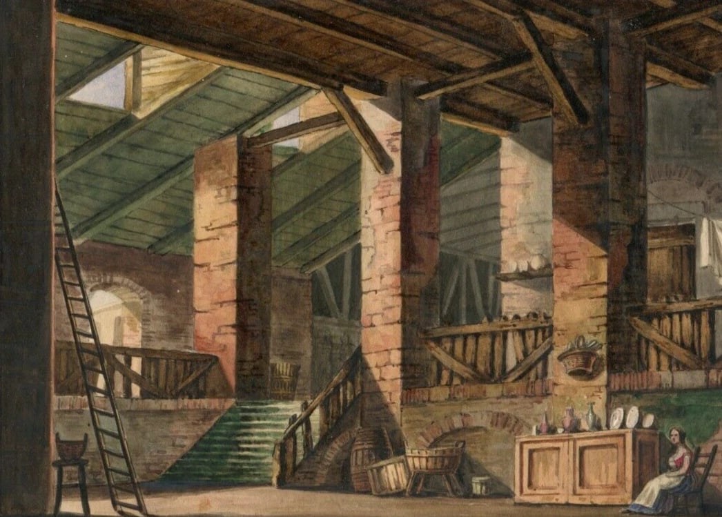 19th Architecture, House Interior with People Antique Drawing Original Artwork - 2