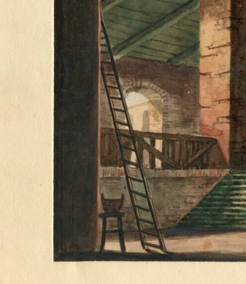 19th Architecture, House Interior with People Antique Drawing Original Artwork - 5