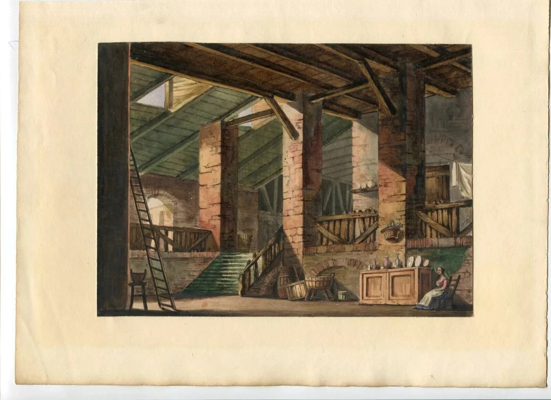 19th Architecture, House Interior with People Antique Drawing Original Artwork - 7