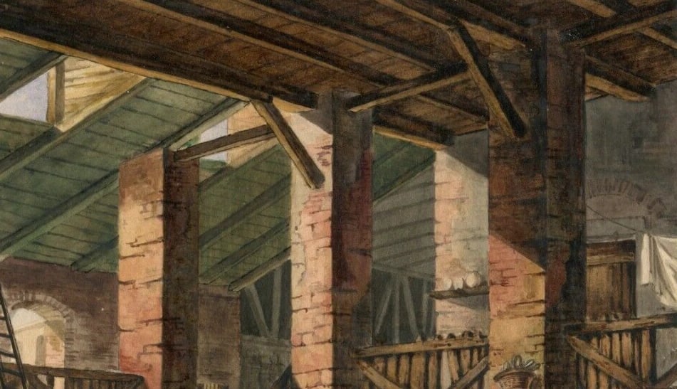 19th Architecture, House Interior with People Antique Drawing Original Artwork - 8