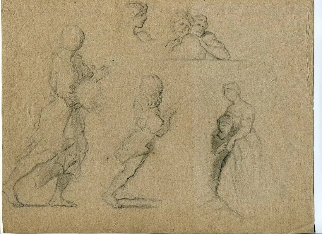 19th Portraits Genre Scene,People Sketch Antique Ink Drawing Artwork Original - 5