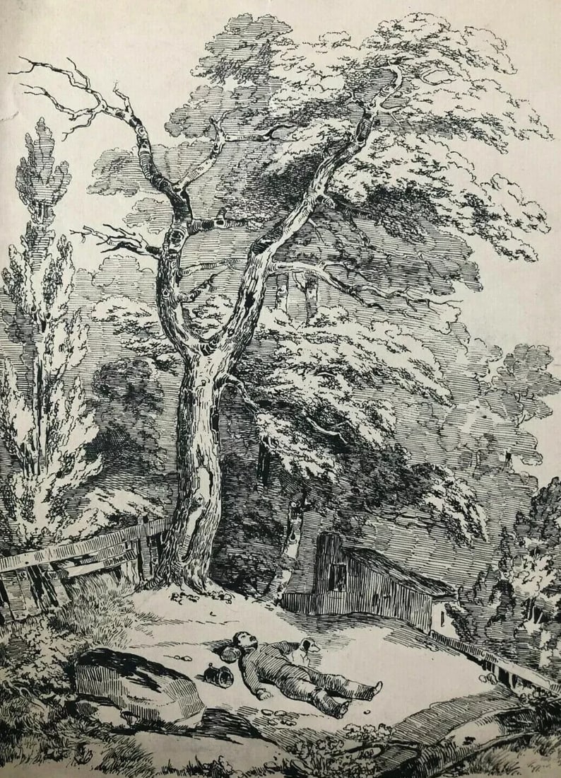 Antique Ink Drawing Original 19th century Landscape, Man and Tree - 2