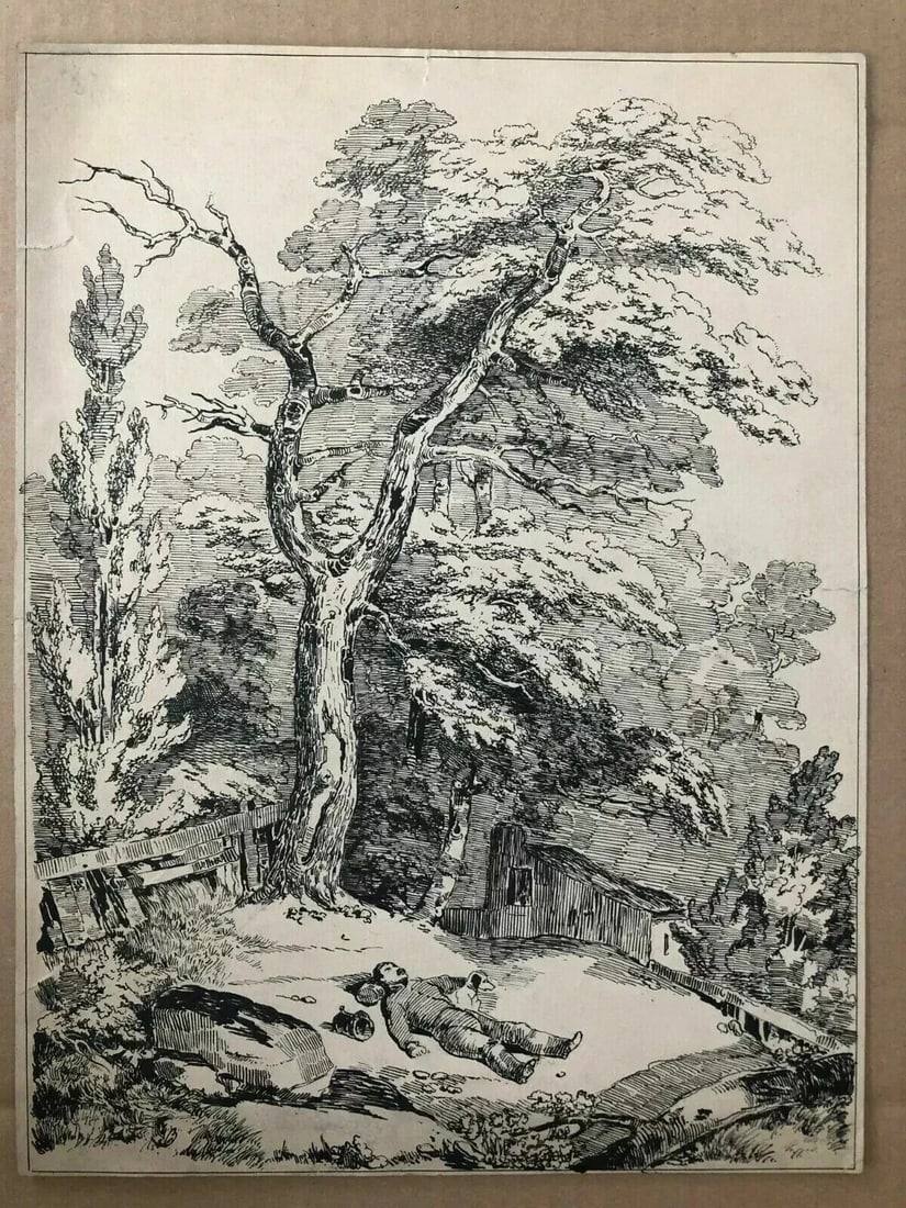 Antique Ink Drawing Original 19th century Landscape, Man and Tree - 9