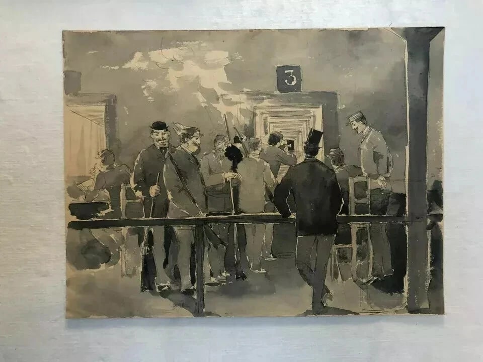 19th century Original Shooting Range, Rifle Vintage Ink Drawing Artwork - 9