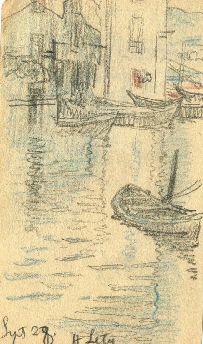 1928 Maritime Landscape, Boats, Port Drawing Vintage Pencil Original signed (1 of 9)