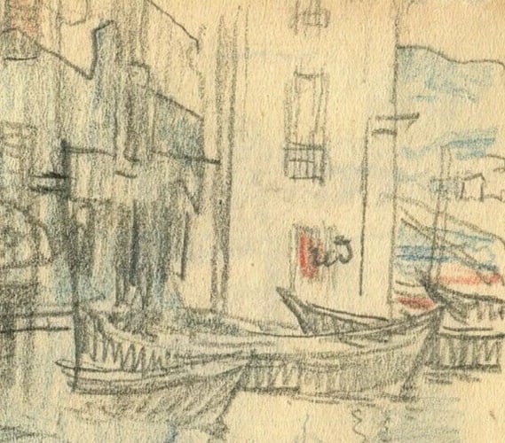 1928 Maritime Landscape, Boats, Port Drawing Vintage Pencil Original signed - 4