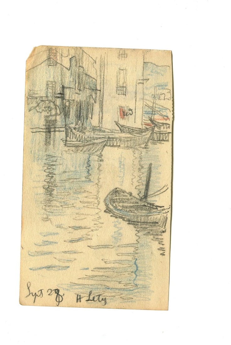 1928 Maritime Landscape, Boats, Port Drawing Vintage Pencil Original signed - 7