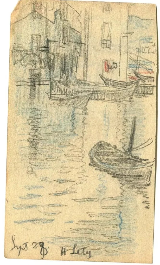 1928 Maritime Landscape, Boats, Port Drawing Vintage Pencil Original signed - 9