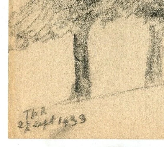 Antique Old Pencil Original Art Nouveau Drawing Sketch Tree Artwork - 6