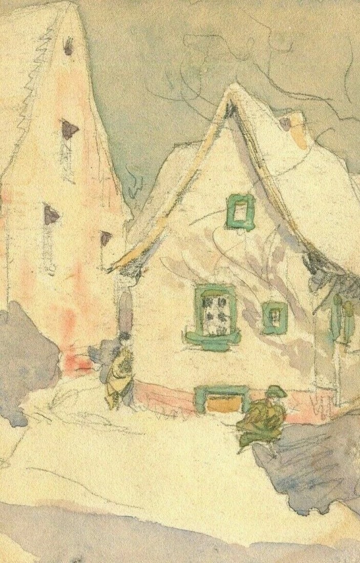 Landscape Mountains and Chalets - Drawing Antique Original Artwork - 2