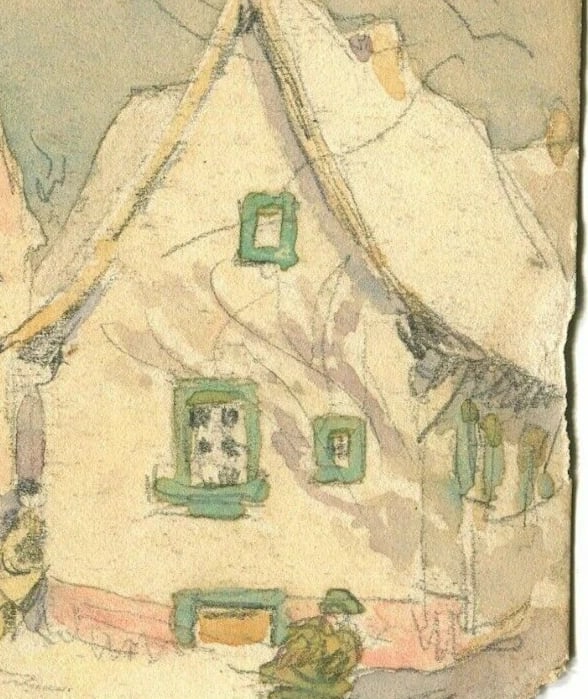 Landscape Mountains and Chalets - Drawing Antique Original Artwork - 3