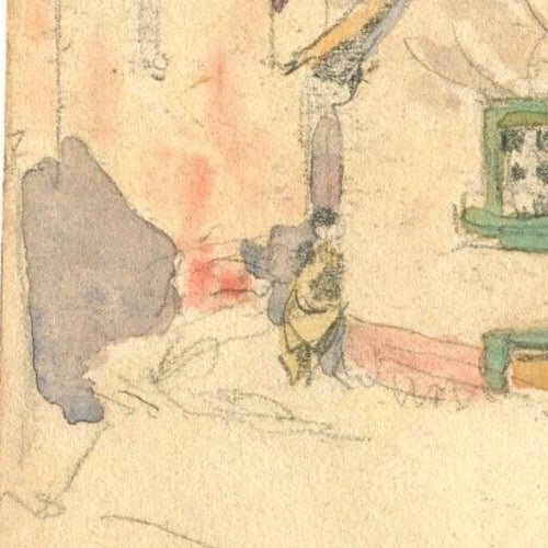 Landscape Mountains and Chalets - Drawing Antique Original Artwork - 5