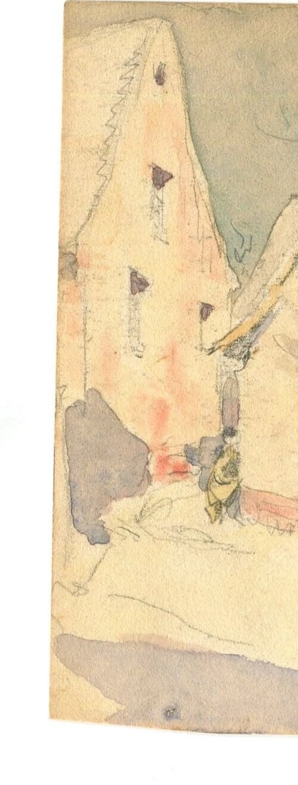 Landscape Mountains and Chalets - Drawing Antique Original Artwork - 6