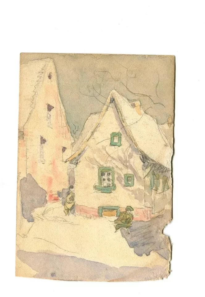 Landscape Mountains and Chalets - Drawing Antique Original Artwork - 8