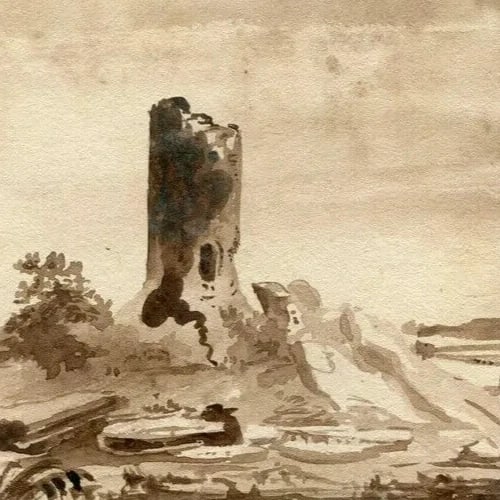 19th century Castle Landscape - Drawing Antique Ink Original Artwork - 4