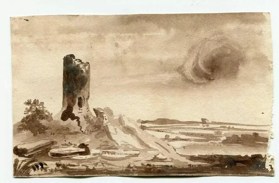 19th century Castle Landscape - Drawing Antique Ink Original Artwork - 5