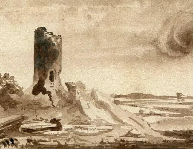 19th century Castle Landscape - Drawing Antique Ink Original Artwork - 8