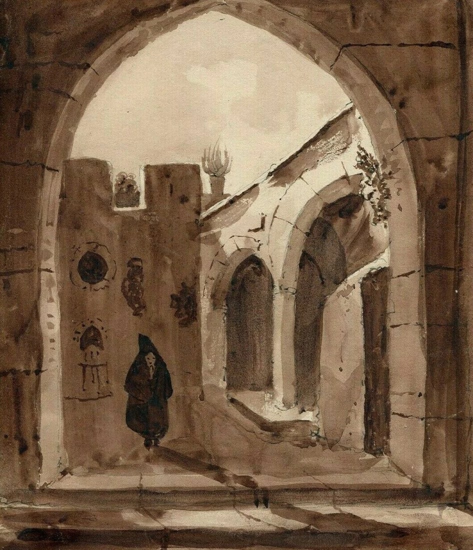 Antique Ink Original Drawing 19th century Orientalist Cityview Artwork - 2