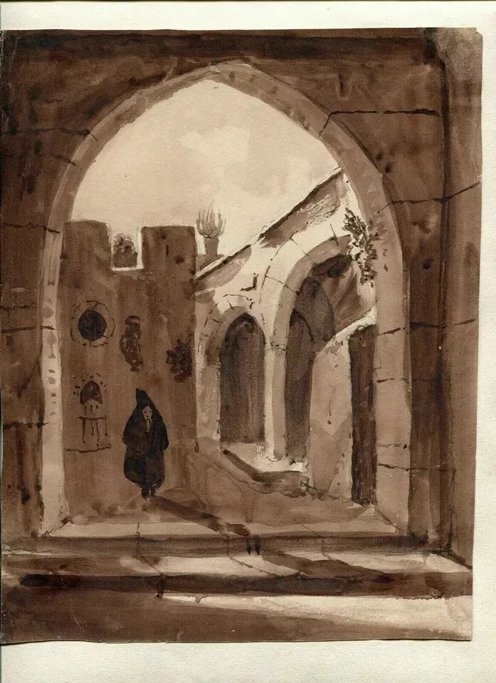 Antique Ink Original Drawing 19th century Orientalist Cityview Artwork - 5