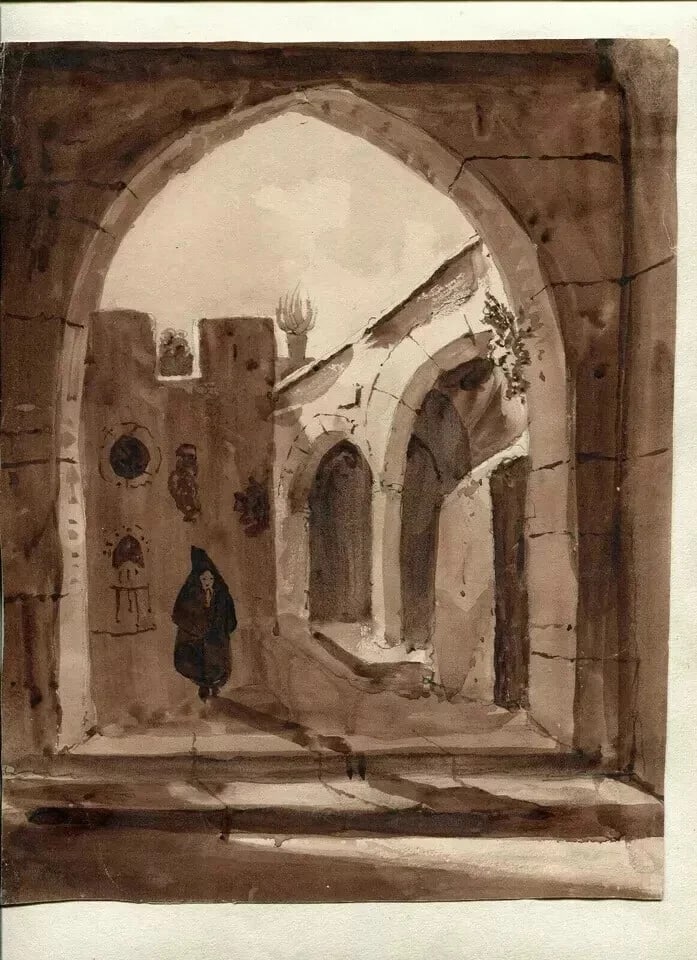 Antique Ink Original Drawing 19th century Orientalist Cityview Artwork - 7
