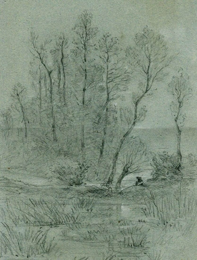 Antique Drawing Pencil signed Henri CHEVALLIER (1808-1893) Landscape, Trees 1863 (1 of 9)