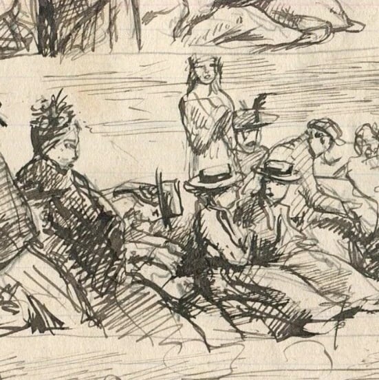 Antique Ink Original Drawing Impressionist People and Families - 6