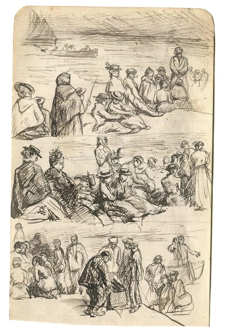 Antique Ink Original Drawing Impressionist People and Families - 8