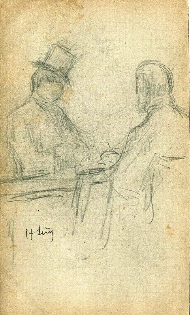 Vintage Pencil Drawing Original signed Men Portraits at a Bar Artwork - 2