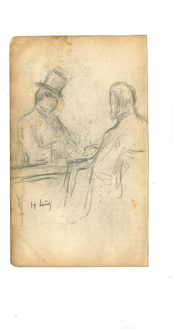 Vintage Pencil Drawing Original signed Men Portraits at a Bar Artwork - 8