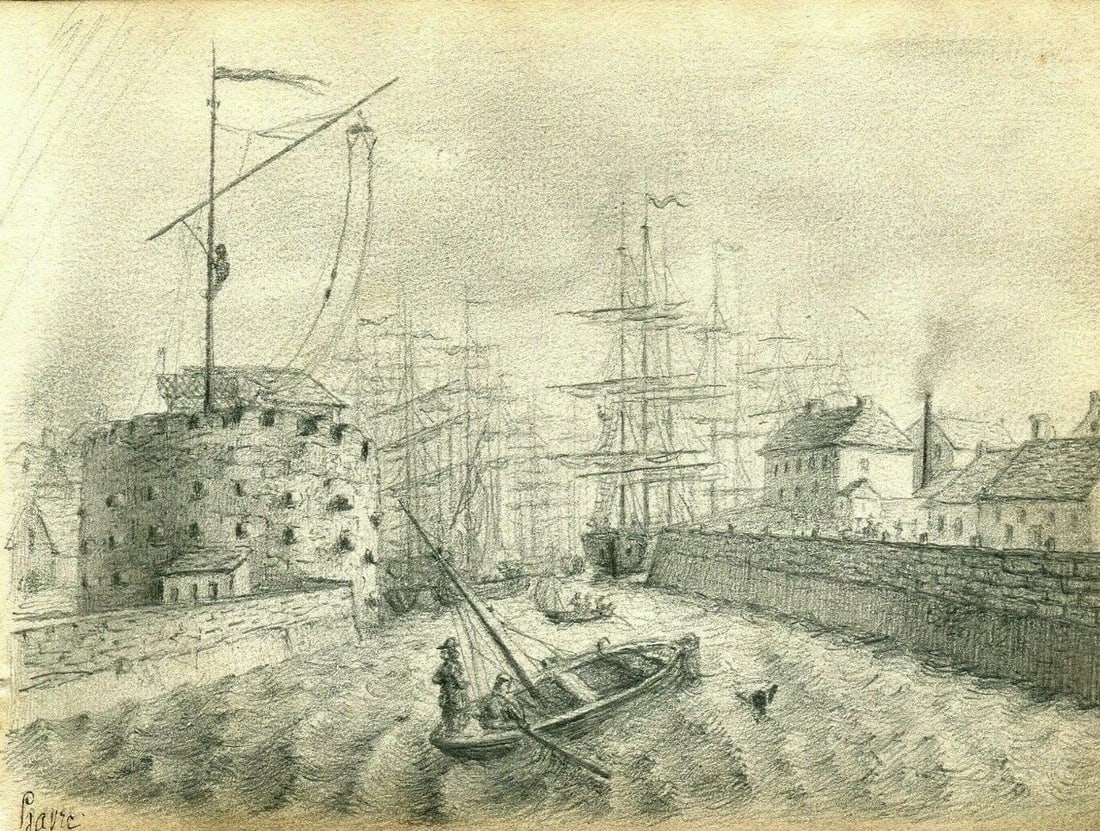 19th century Havre Port Maritime Landscape Antique Pencil Drawing Artwork (1 of 9)