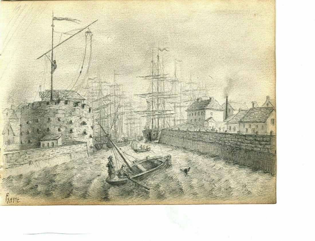 19th century Havre Port Maritime Landscape Antique Pencil Drawing Artwork - 3