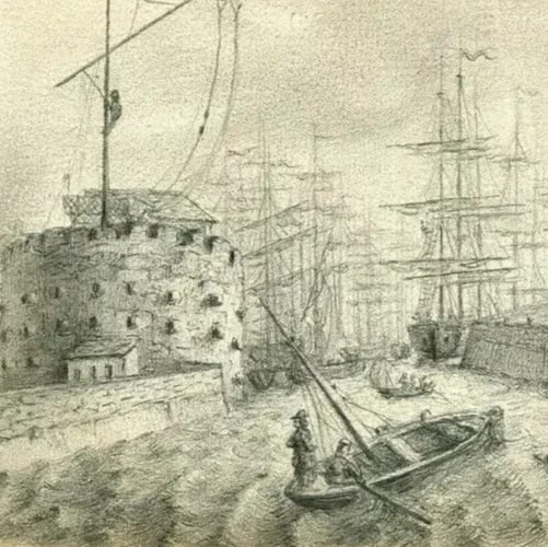 19th century Havre Port Maritime Landscape Antique Pencil Drawing Artwork - 4