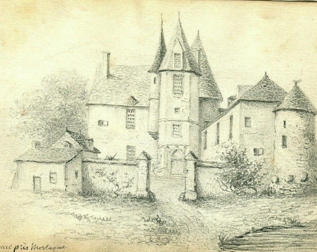 19th century Mortague Farm Drawing Landscape Antique Pencil Original - 2