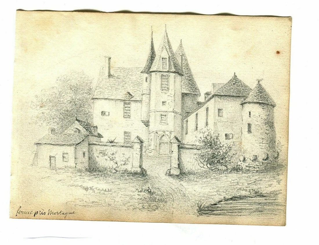 19th century Mortague Farm Drawing Landscape Antique Pencil Original - 3