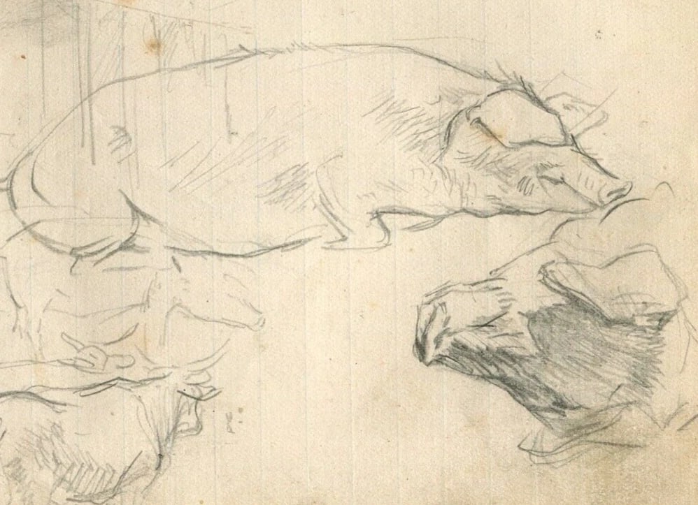 Vintage Pencil Original Drawing Cows, Pigs, Animals, Cowshed Artwork: Pencil Drawing of Cows, Pigs, Animals, Cowshed Description: Pencil on paper 9,5 x 15 cm folds, stains Reserve: $30.00 Shipping:Domestic: Flat-rate of $22.00 to anywhere within the