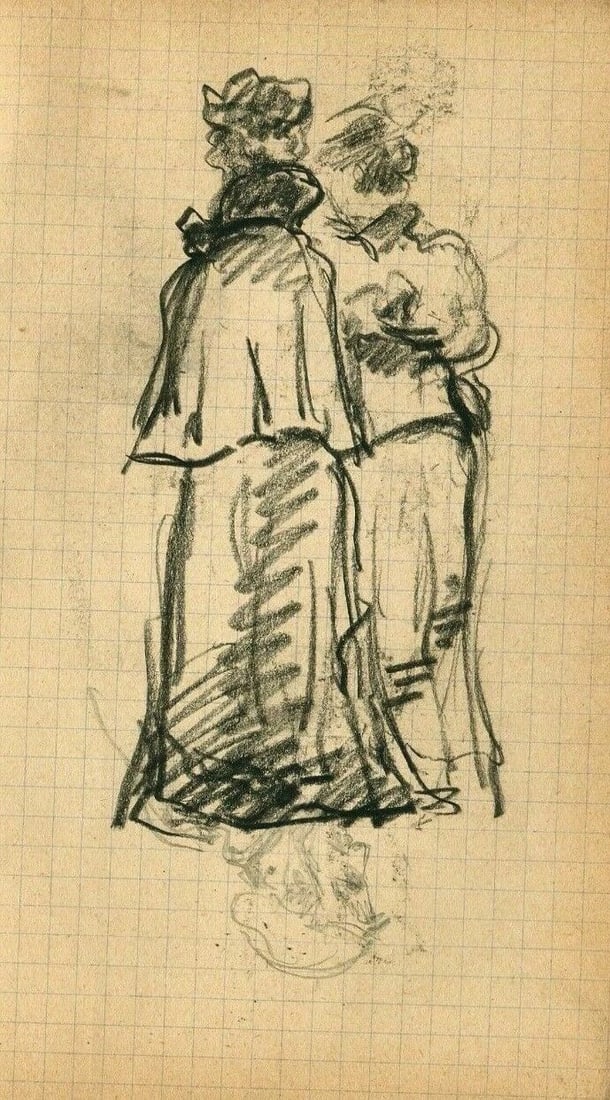 Two Elegant Women - Drawing Antique Pencil Original Artwork - 2