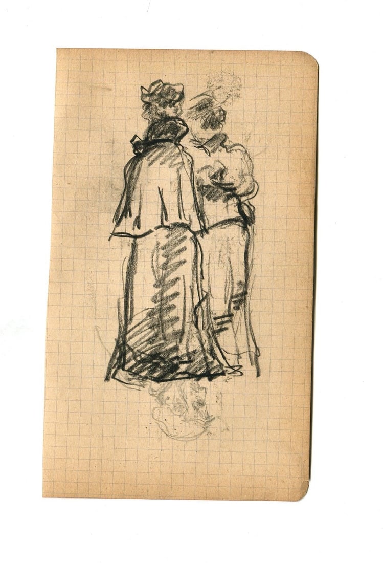 Two Elegant Women - Drawing Antique Pencil Original Artwork - 3