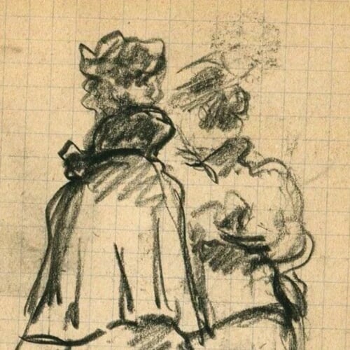 Two Elegant Women - Drawing Antique Pencil Original Artwork - 4