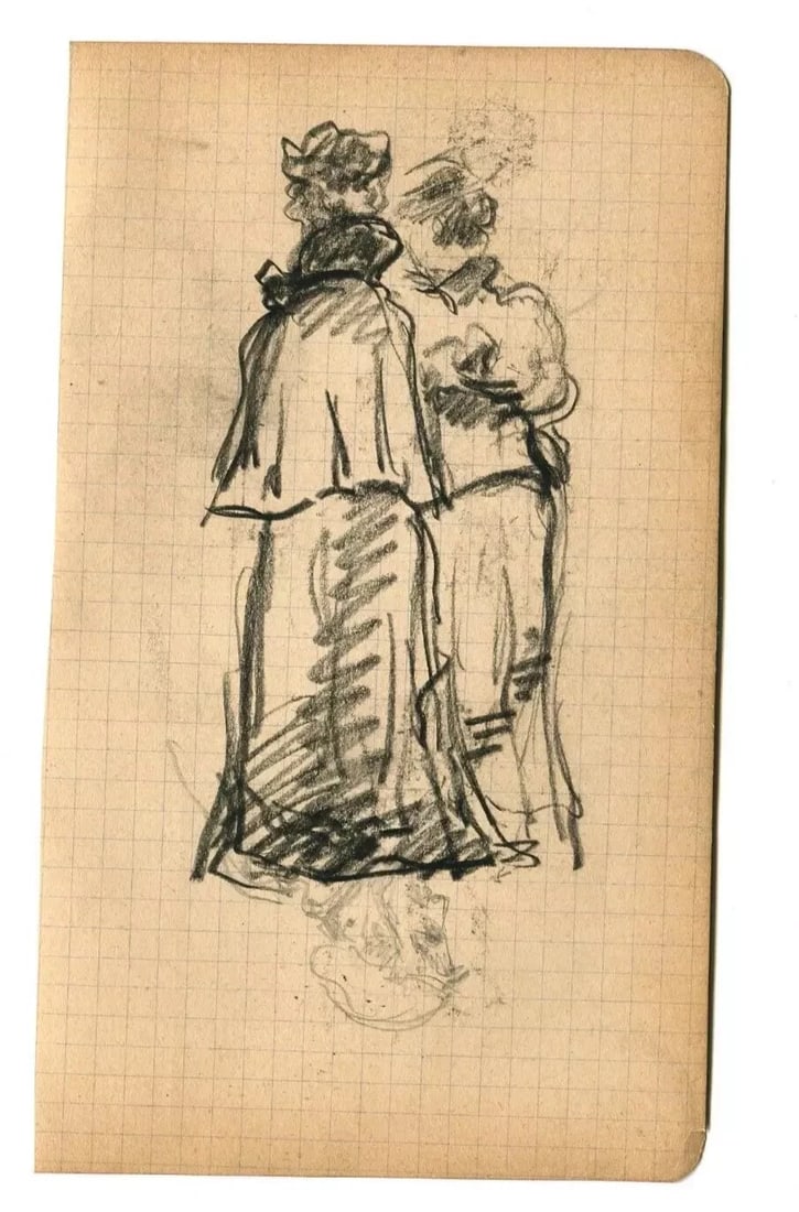 Two Elegant Women - Drawing Antique Pencil Original Artwork - 5
