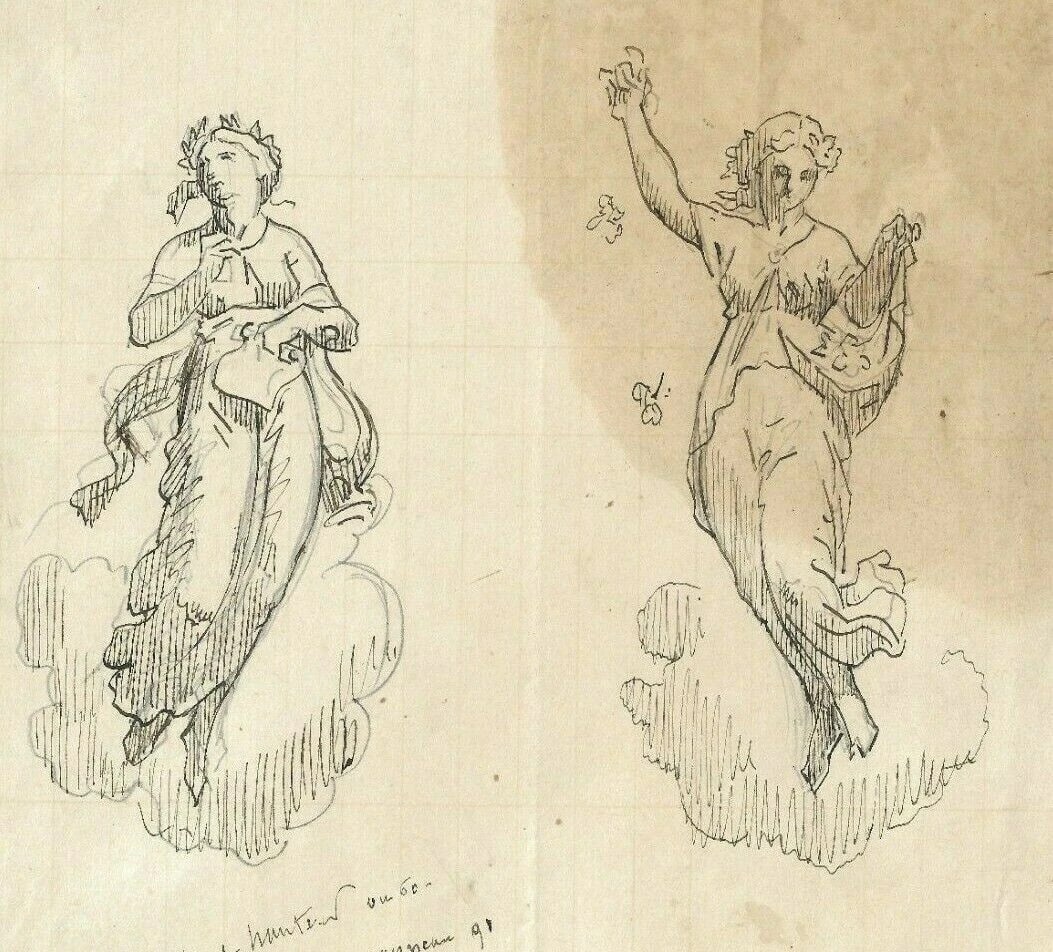 19th century Two Sculpture Women, Goddess Antique Ink Drawing Artwork (1 of 9)