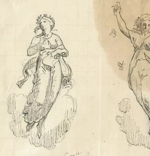 19th century Two Sculpture Women, Goddess Antique Ink Drawing Artwork - 4